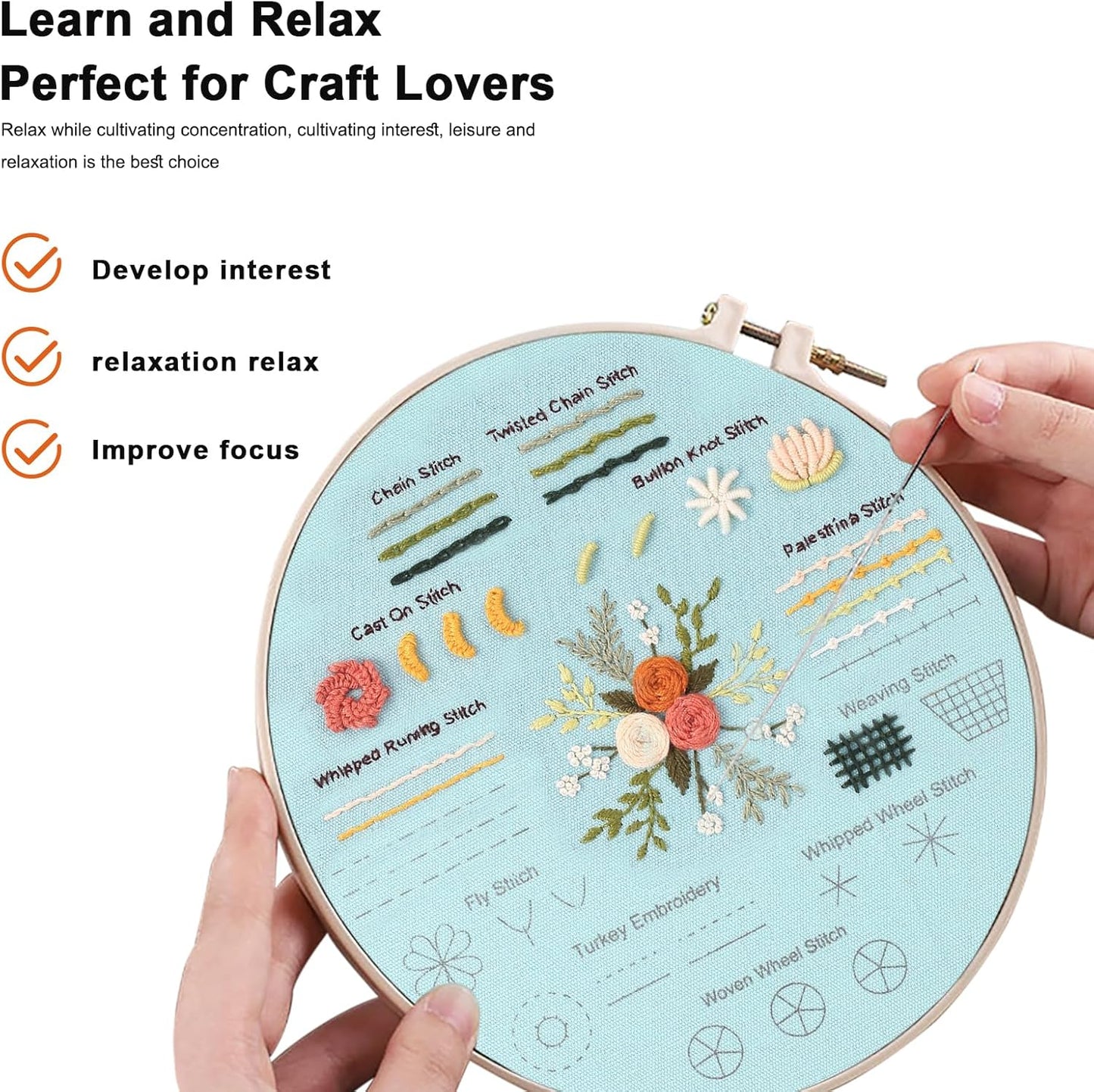 Basic stitch tutorial embroidery kits for beginner -Embridery whole set with hoop,fabric,floss,needles