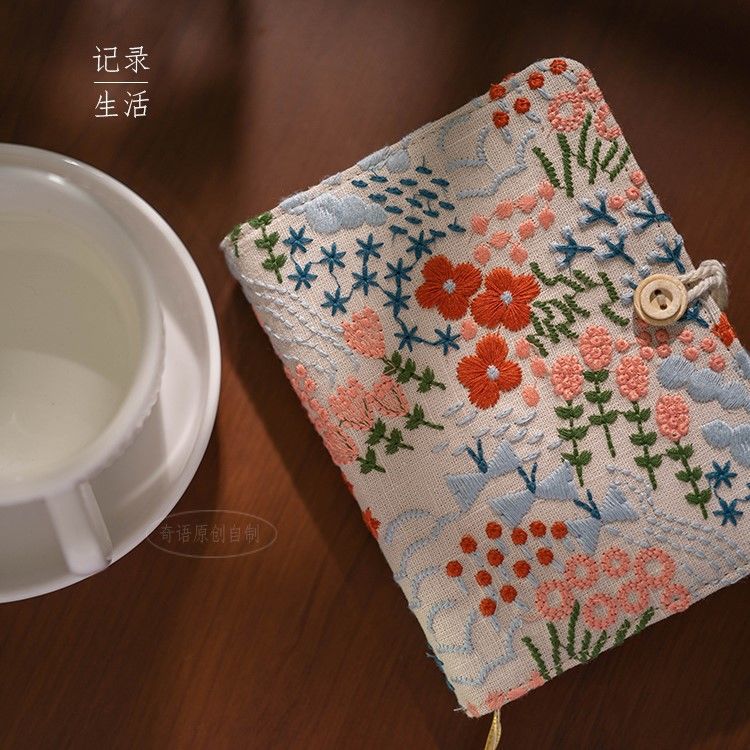Flower embroidery notebook-Grey and red color